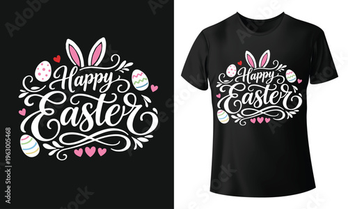 Happy Easter Rabbit Typography Design with Bunny Ears, Eggs and Hearts on Black Background