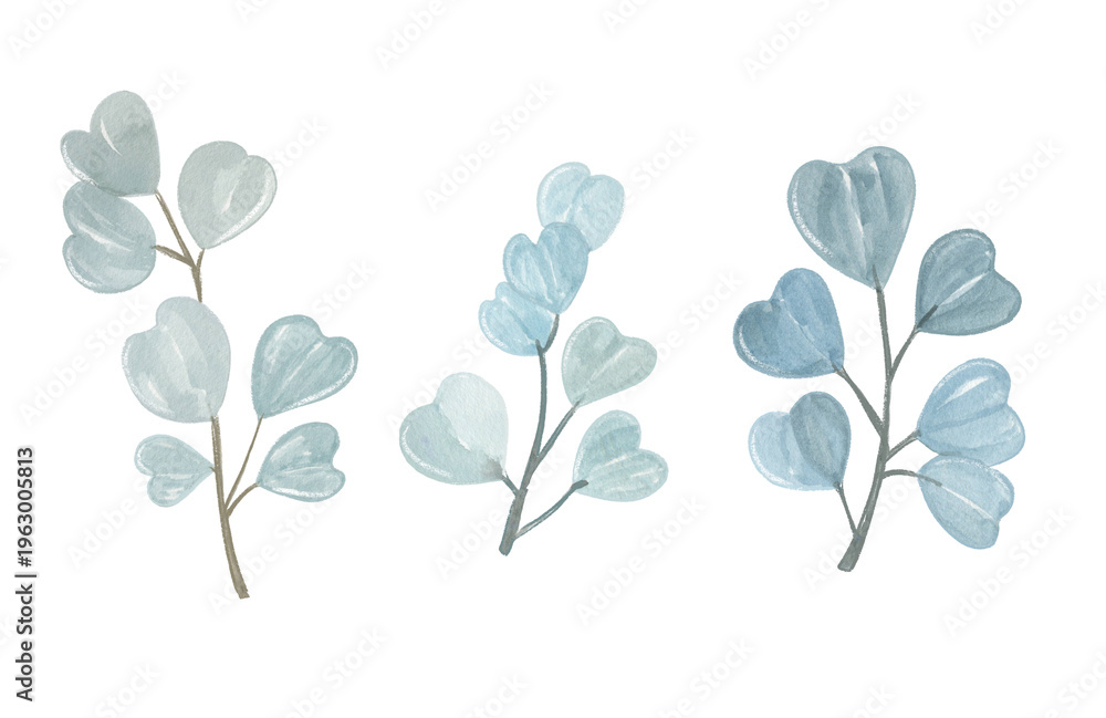 Obraz premium Watercolor Botanical Branches with Blue Green Leaves