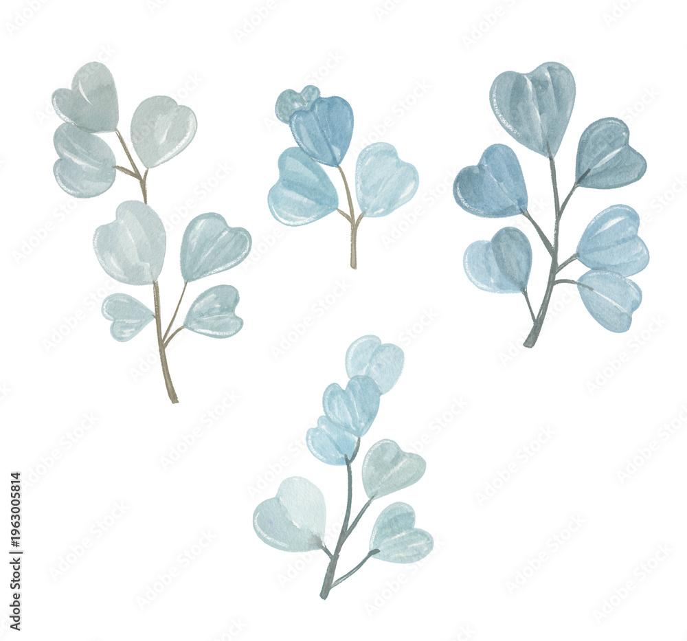 Obraz premium Watercolor Botanical Branches with Blue Green Leaves