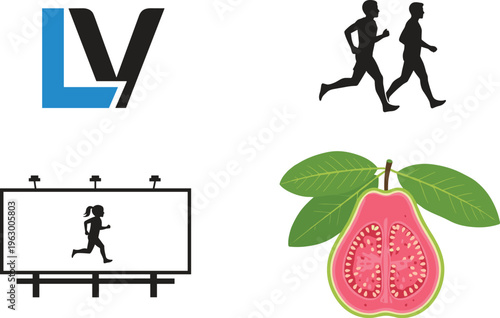 Fitness Running Logo Billboard Advertising and Guava Fruit Vector Illustration Set Featuring Active Lifestyle Branding Outdoor Jogging and Healthy Food Design