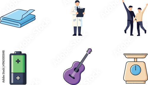 Flat Icon Set Featuring Book Student Celebration Battery Guitar and Weighing Scale Illustrations for Education Lifestyle Technology and Music Concepts