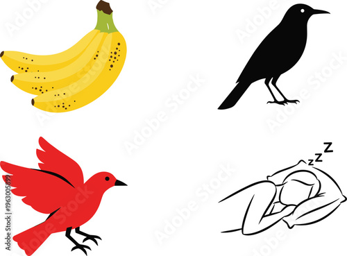 Flat Illustration Set Featuring Banana Fruit Bird Silhouettes and Sleeping Person Character in Minimal Colorful Vector Design Collection