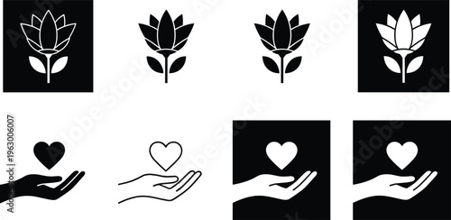 Floral and Care Icon Set Featuring Lotus Flower Symbols and Hand Holding Heart Icons in Solid and Outline Style for Wellness, Love and Nature Design