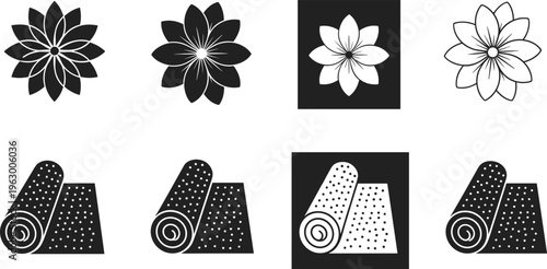 Flower and Carpet Icon Set Featuring Floral Bloom Symbols and Rolled Rug Icons in Solid and Outline Style for Home Decor and Textile Design Collection