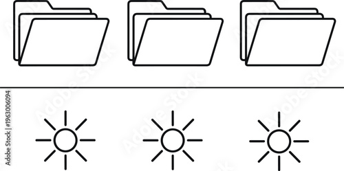 Folder and Sun Icon Set Featuring File Storage Organization Symbols and Weather Sunlight Signs in Outline Style for UI and Web Design