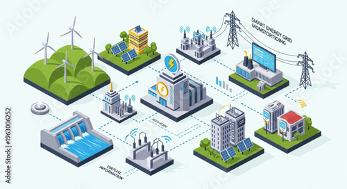 Isometric Illustration of Sustainable Energy Sources and Power Grid.