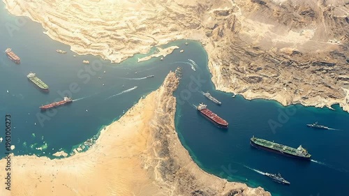Aerial view of Strait of Hormuz with oil tankers and cargo ships navigating strategic narrow waterway between Iran and Oman representing global energy supply