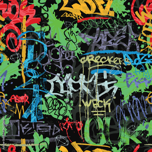 Abstract graffiti colors tags texture. Multicolored calligraphic inscriptions on dirty grunge background collage. Seamless hand drawn style street art pattern. Vector wallpaper