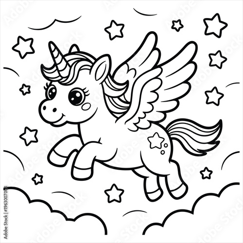 Cute flying unicorn with wings and stars coloring page line
