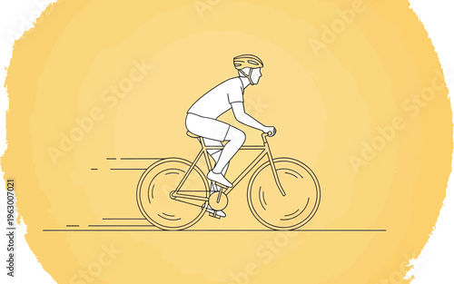 Minimalist line art illustration depicts a cyclist wearing a protective helmet riding a bicycle quickly across a plain background.