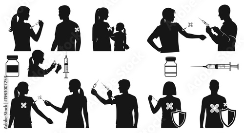 Medical professionals with vaccines and syringes.