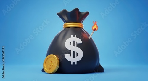 Burning money bag with dollar sign and gold coin