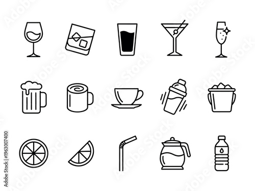 Collection of drink and beverage icons with wine glass with cocktail glass with martini glass with champagne flute with beer mug with coffee cup with tea cup with water bottle with ice bucket