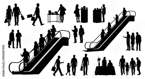 People riding escalators in silhouette form.