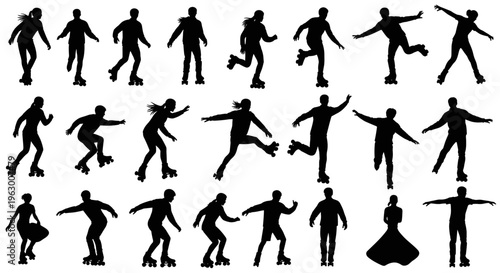 People skateboarding in various poses.