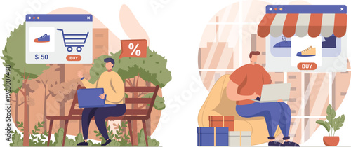 Online shopping comparison between digital and physical store experiences for buying sneakers outdoors