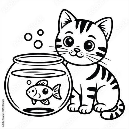 A cute cartoon kitten sitting next to a goldfish bowl for coloring book pages