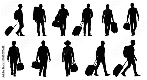 People walking with luggage silhouettes.