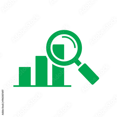Green schematic icon represents inspecting rising statistical bars with a handheld lens for performance evaluation purposes.
