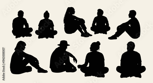 Collection of Diverse People Silhouettes Sitting in Various Poses.