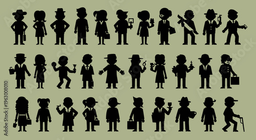 Collection of Diverse Silhouettes of People in Various Poses.