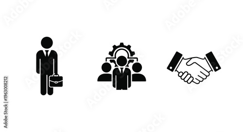 Business icons depicting teamwork leadership and a deal silhouette