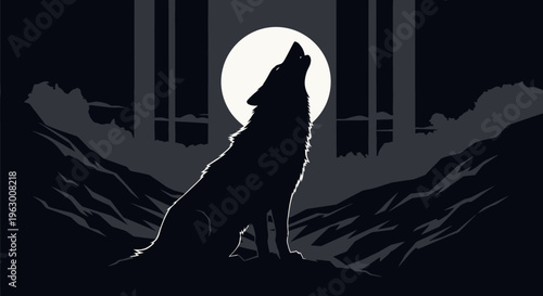 Silhouette of a wolf howling at the moon.