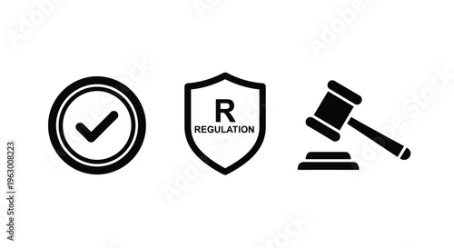 Legal symbols including a checkmark shield and gavel silhouette