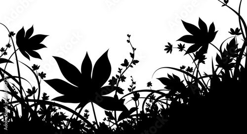 Silhouette of Lush Greenery and Blooming Flowers.