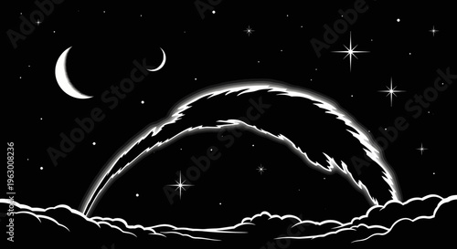 Stylized Celestial Creature Arching Over Clouds.