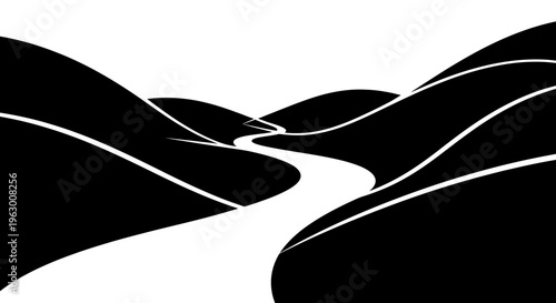 Abstract Black and White Winding River Landscape.