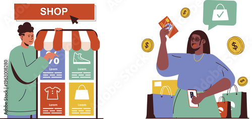 Ecommerce depiction showing shopper browsing online store and making mobile payment with happy expressions