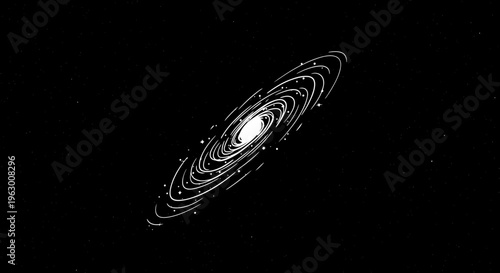 Abstract Swirling Galaxy Illustration in White on Black.