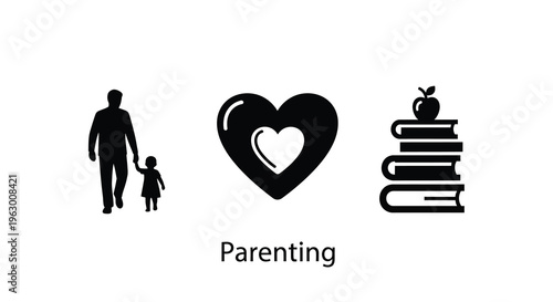 Parenting icons depicting love education and family a silhouette