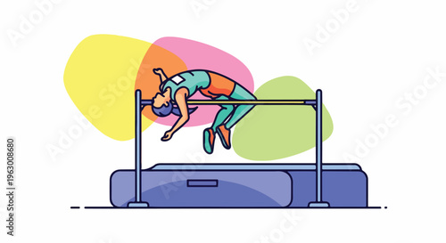 An illustration depicting a high jumper clearing a bar over a mat