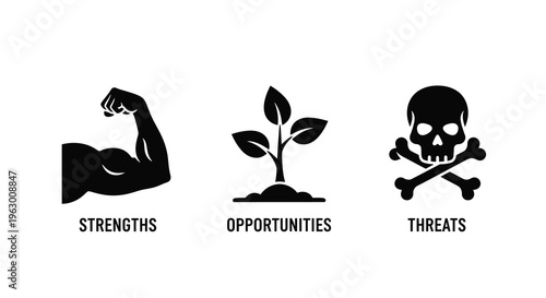 Swot analysis icons depicting strengths opportunities and threats silhouette