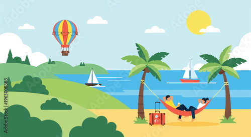 Animated tropical landscape showing vacation, with hammock, palm trees, and ocean