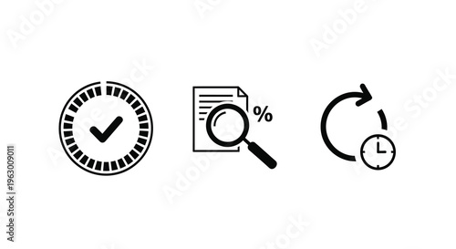 Time management icons featuring a checkmark and review silhouette