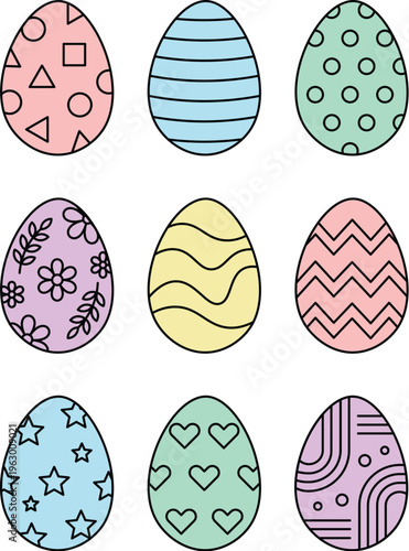 Colorful Easter egg vector set with floral and geometric patterns, cute pastel holiday illustration