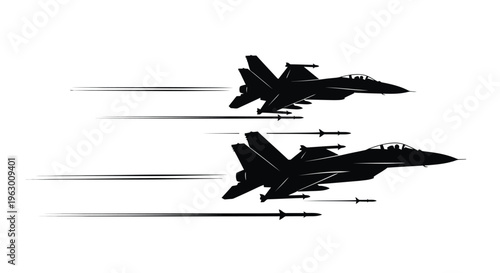 Two black silhouette fighter jets flying fast with missiles