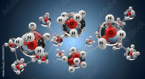 A detailed molecular structure showing multiple water molecules connected by hydrogen bonds with oxygen atoms in red and hydrogen atoms in white suspended against a deep blue gradient background space