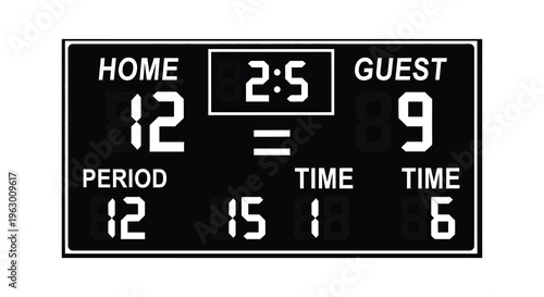 A black scoreboard displays a basketball game score a stark silhouette