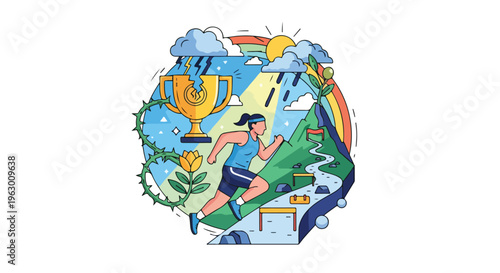 An illustration showing a runner navigating a path, under a rainbow and weather