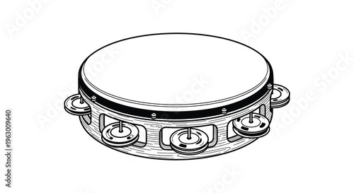 Detailed illustration of a tambourine with jingles black and white silhouette