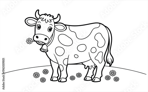 A cute cartoon cow standing in a field with flowers for children coloring