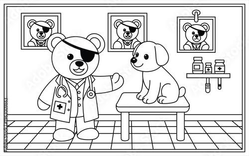 A cute teddy bear doctor examining a small puppy in a veterinary clinic