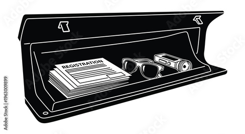 Vehicle glove compartment contents shown in a stark black silhouette