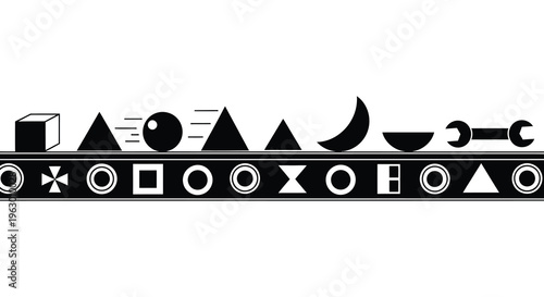 Abstract geometric shapes aligned on a horizontal line black silhouette