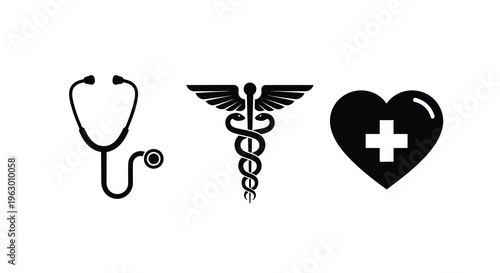 Medical symbols including a stethoscope caduceus and heart silhouette