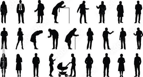 Collection of diverse human silhouettes in various poses, standing, walking, gesturing, bending, and interacting, perfect for design references, demographics, and creative illustration projects.